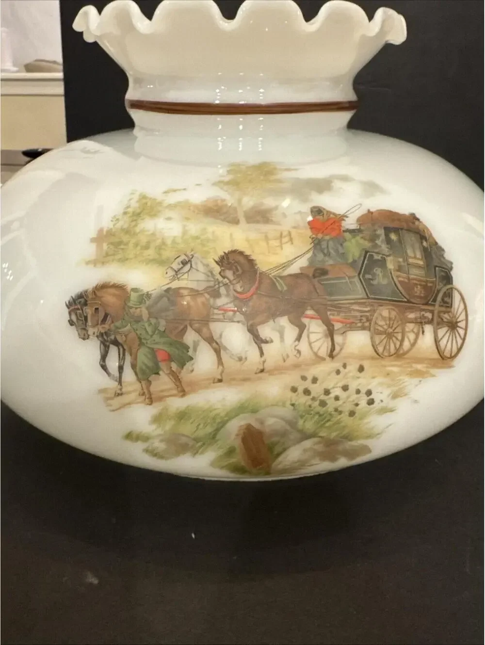 Vintage Milk Glass Lamp Shade With 3x Stagecoach Horse Scenes 9.75” Fitter